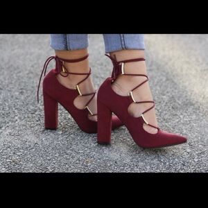 Burgundy Chunky Lace up Heel - 9